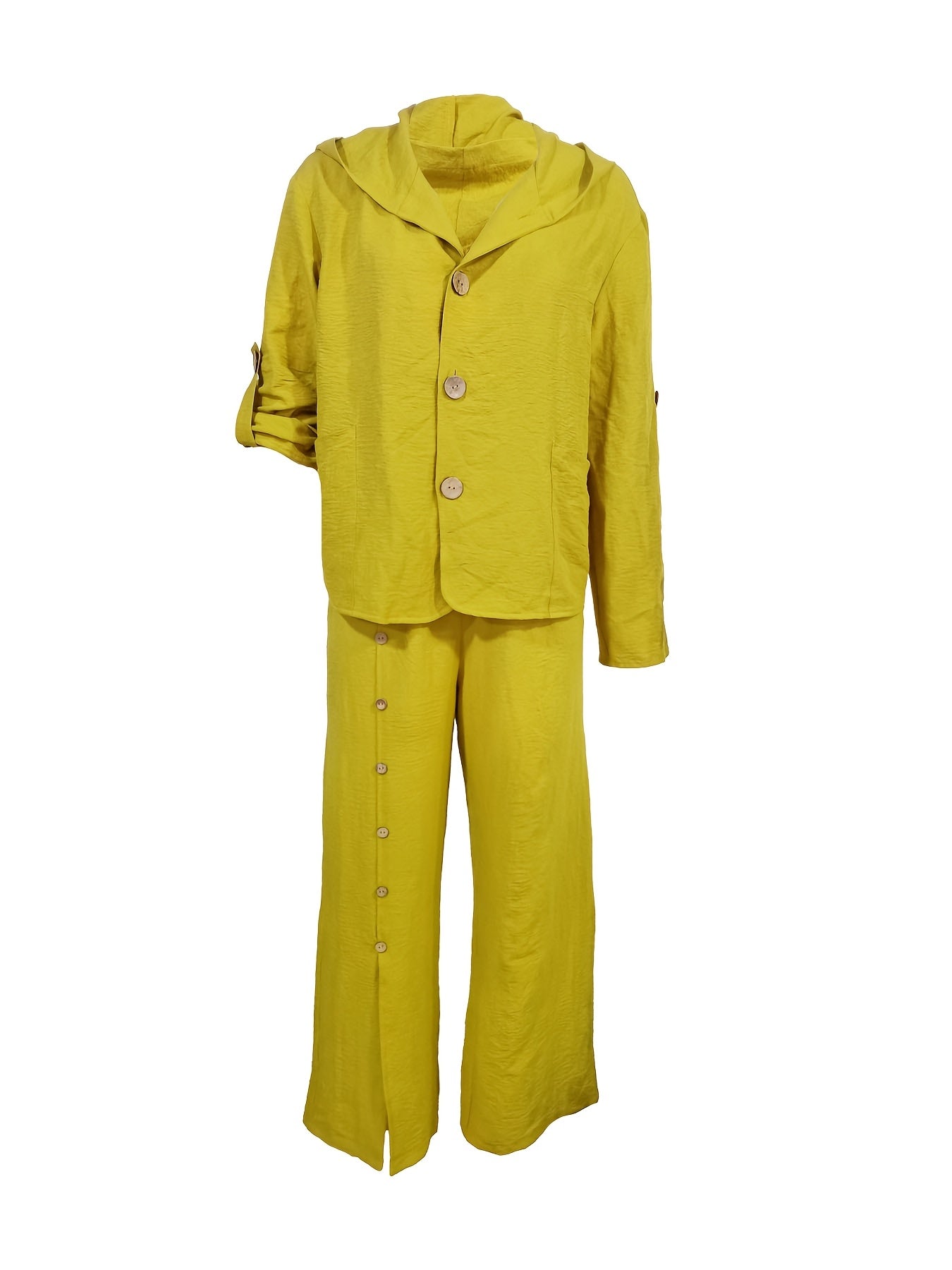 2pcs Women'S Casual Polyester Pantsuit with Hooded Cardigan, Solid Color,