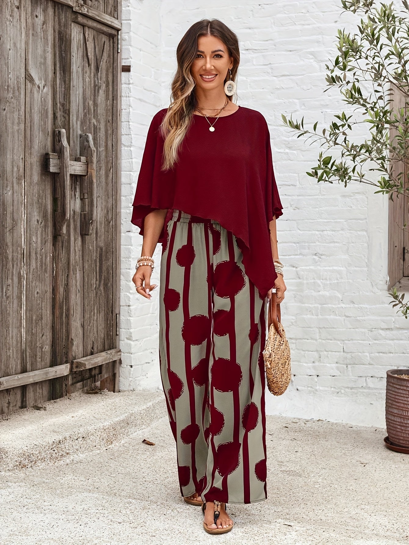 Women's Elegant Casual Asymmetric Hem Top and Printed Pants Set,
