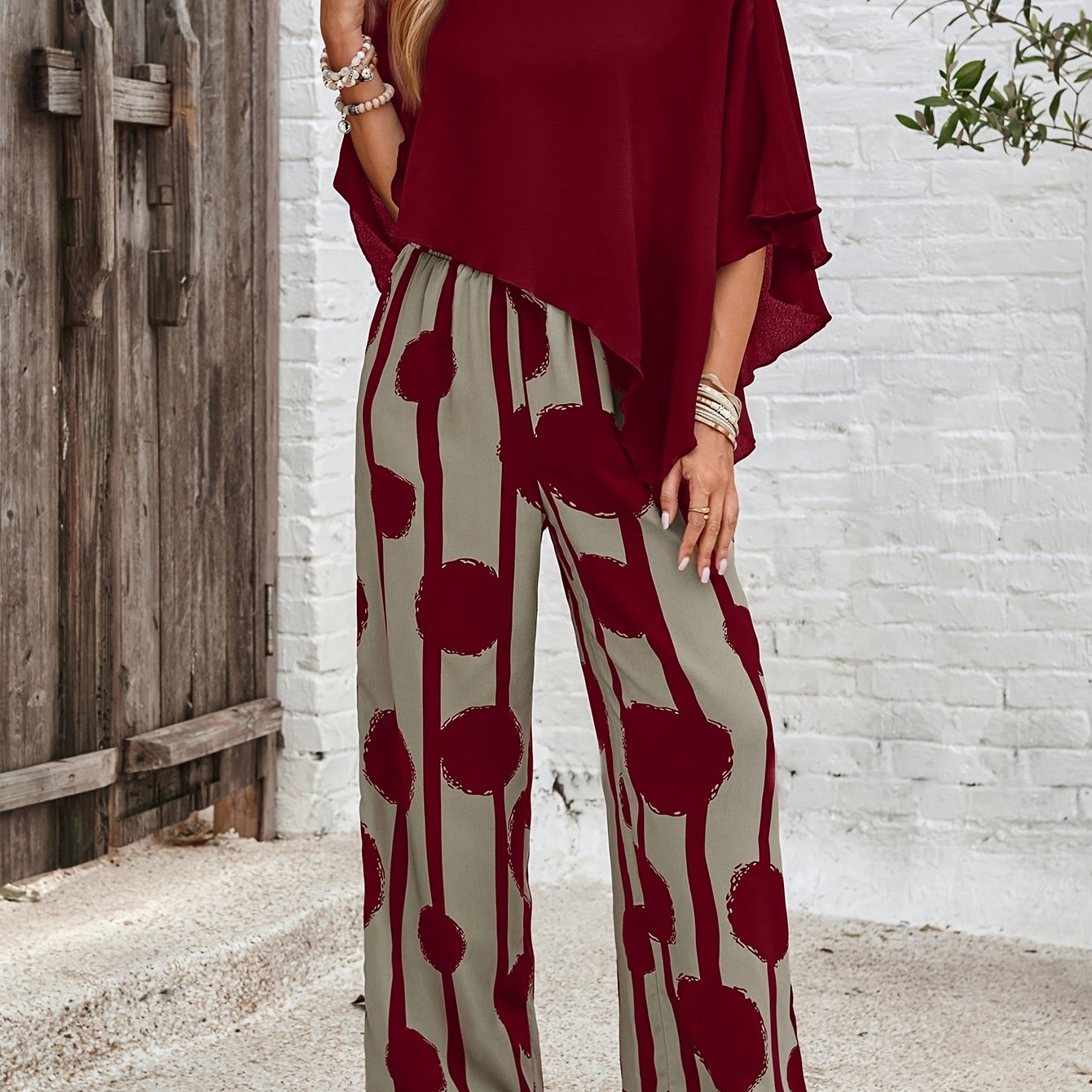 Women's Elegant Casual Asymmetric Hem Top and Printed Pants Set,