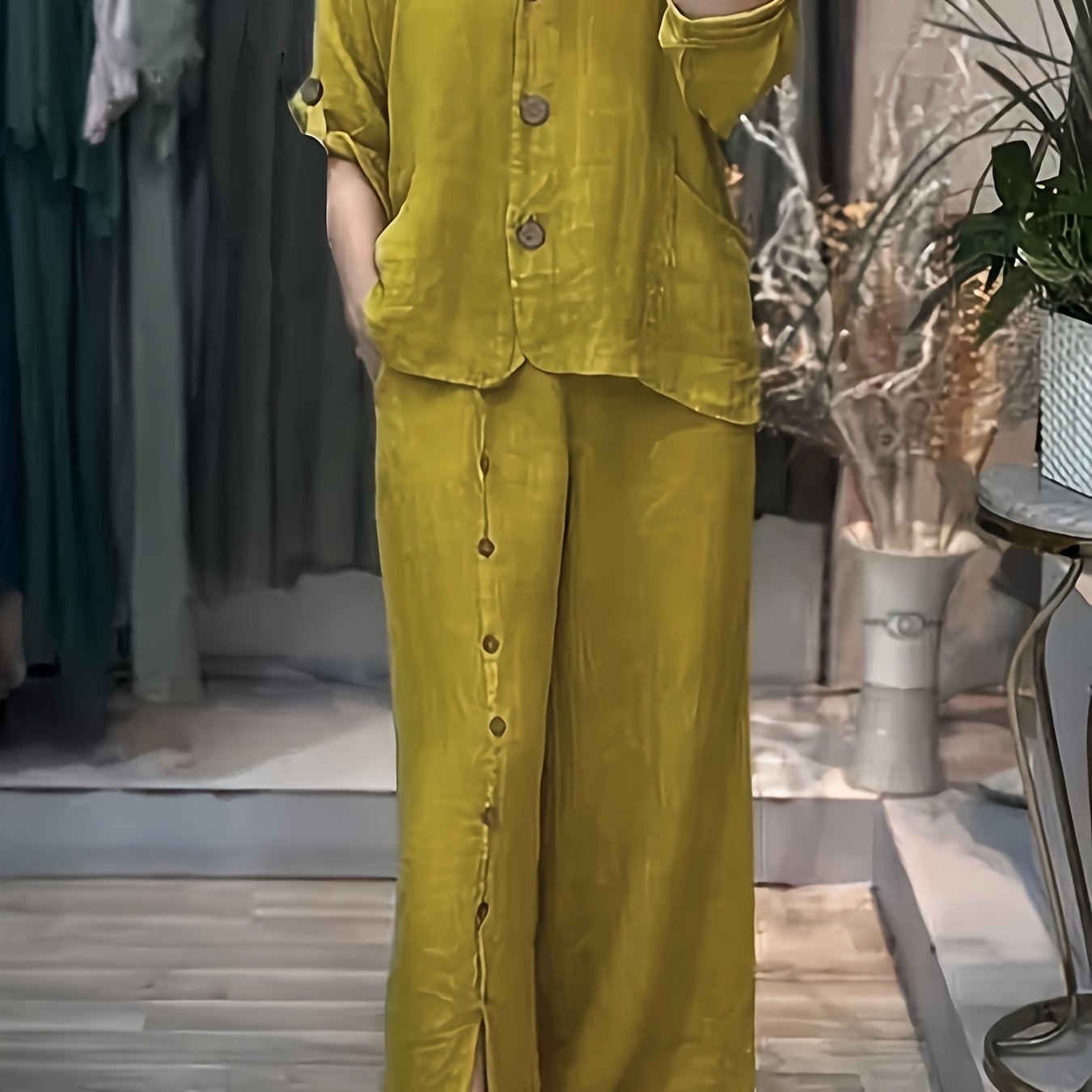 2pcs Women'S Casual Polyester Pantsuit with Hooded Cardigan, Solid Color,