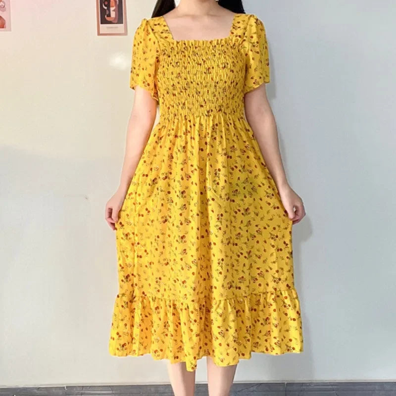 Spring Summer Elastic Waist Short Sleeve Chiffon Dress Women Casual Dresses