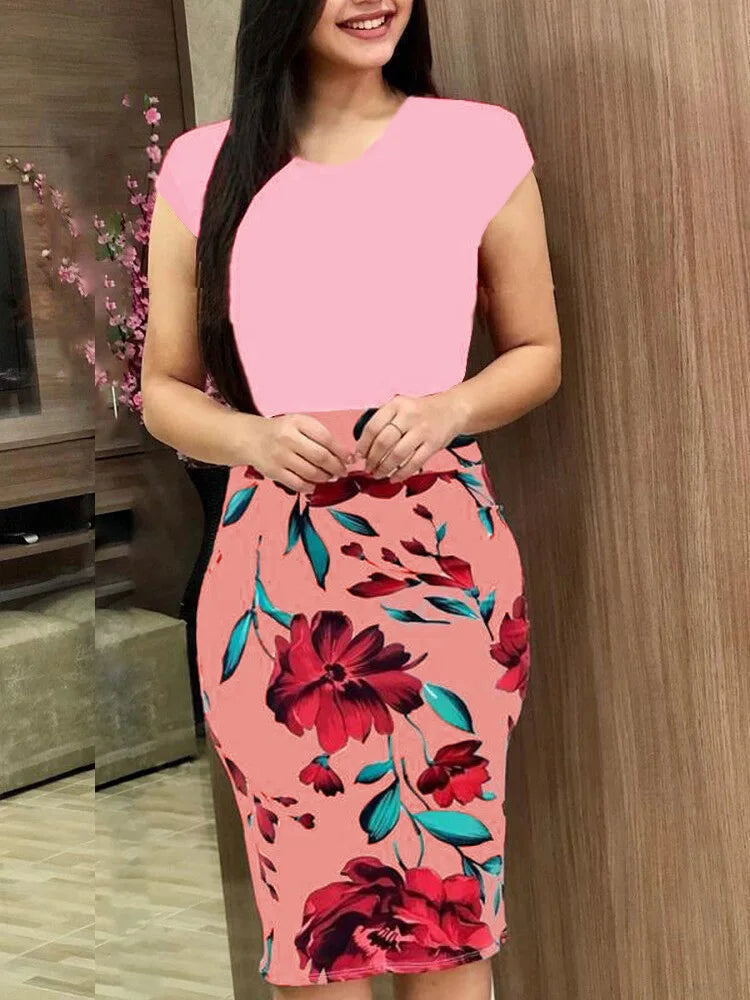 New Colored Flower Wrapped Hip Short sleeved Dress for Women