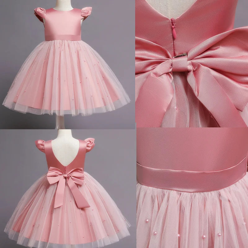 Toddler Girl Flower Birthday Tulle Dress Backless Bow Wedding Gown Kids Party Wear