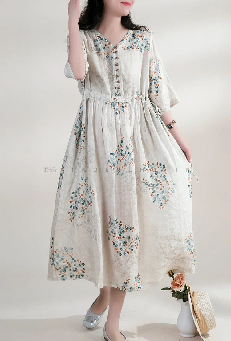 Summer Dress Women 2025 Long Print Elegant Clothing Vintage Elastic Waist Korean