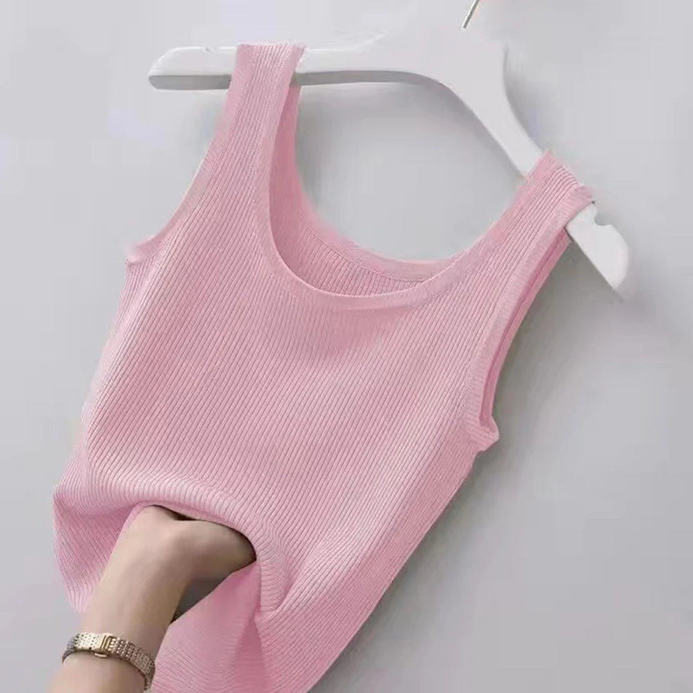 Summer Slim Sleeveless Vest Women Round Neck Tops Casual