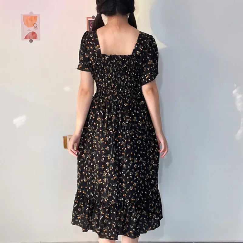 Spring Summer Elastic Waist Short Sleeve Chiffon Dress Women Casual Dresses