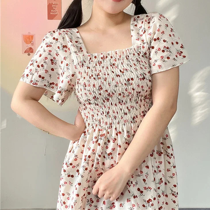 Spring Summer Elastic Waist Short Sleeve Chiffon Dress Women Casual Dresses