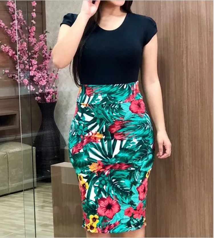 New Colored Flower Wrapped Hip Short sleeved Dress for Women