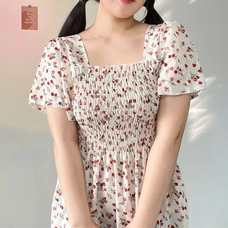 Spring Summer Elastic Waist Short Sleeve Chiffon Dress Women Casual Dresses
