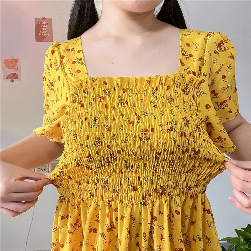 Spring Summer Elastic Waist Short Sleeve Chiffon Dress Women Casual Dresses