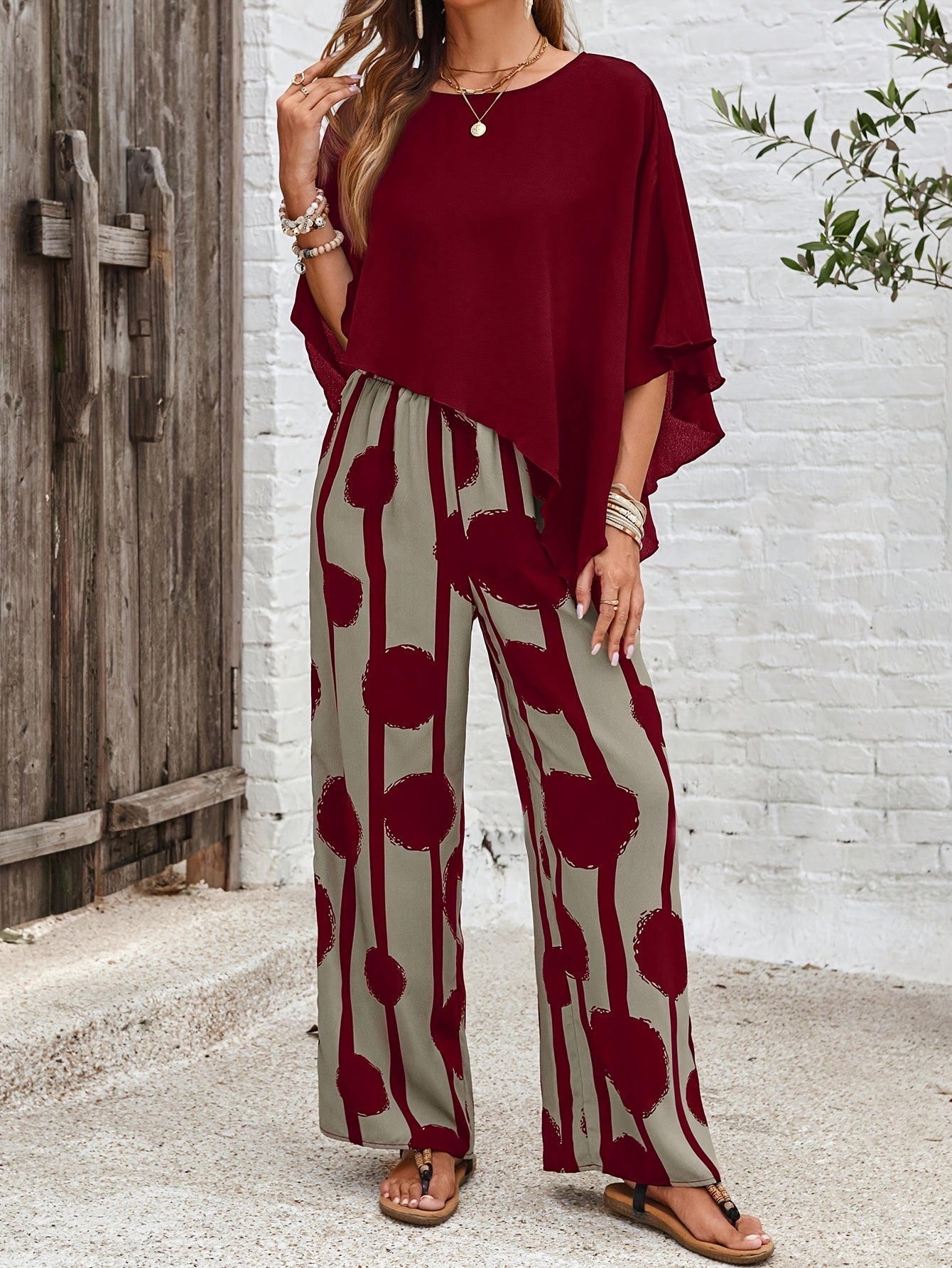 Women's Elegant Casual Asymmetric Hem Top and Printed Pants Set,