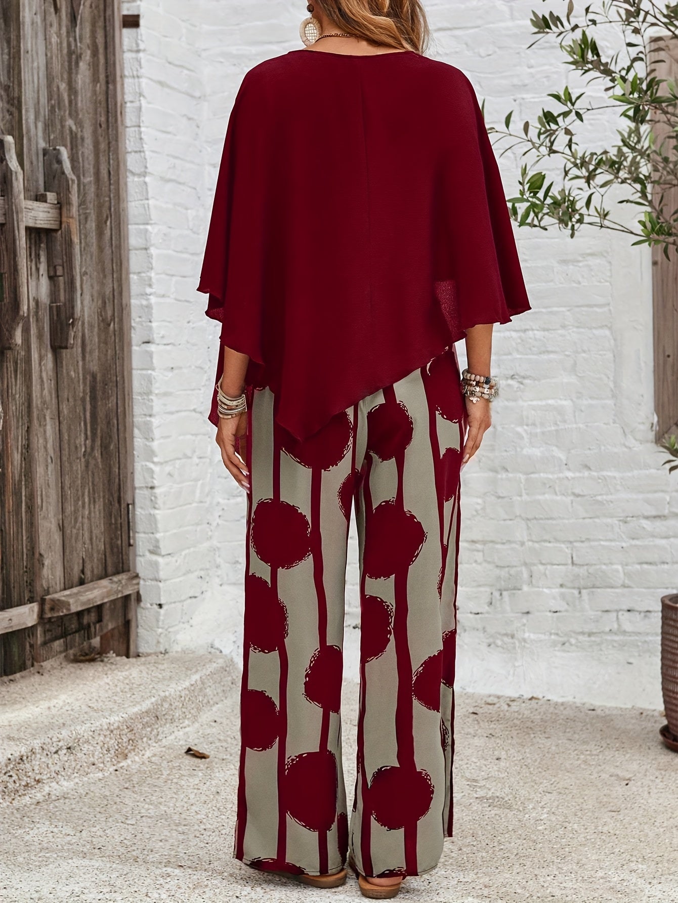 Women's Elegant Casual Asymmetric Hem Top and Printed Pants Set,