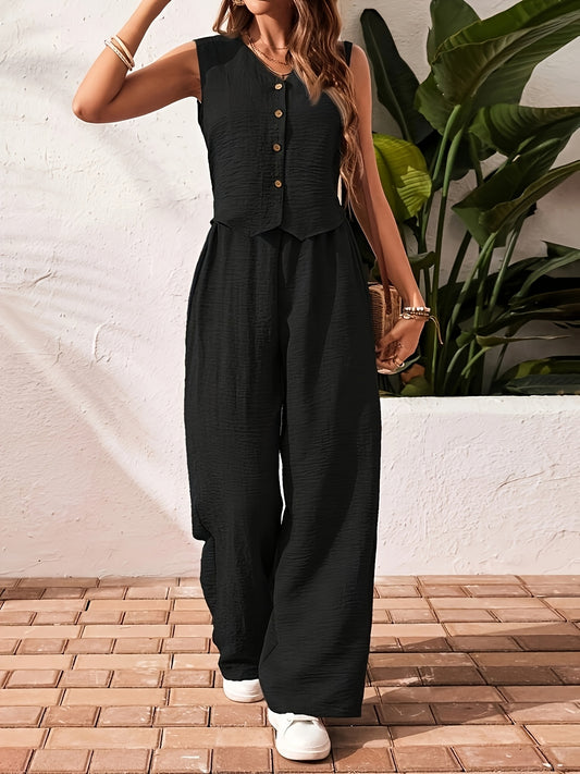 Women'S Elegant Solid Color Sleeveless V-Neck Two-Piece Set
