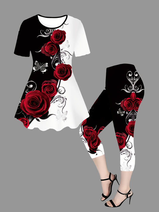 Spring and Summer Bright Red Rose Pattern Casual Round Neck Short Sleeve