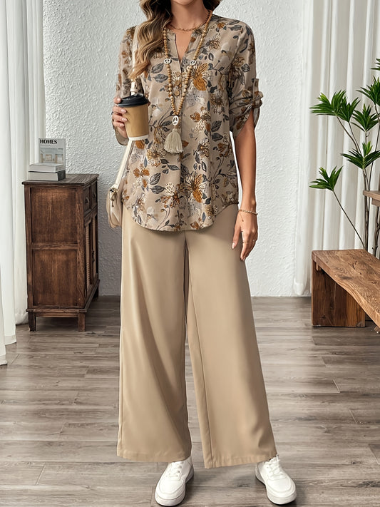 Women's Flower Print Top and Pants Set