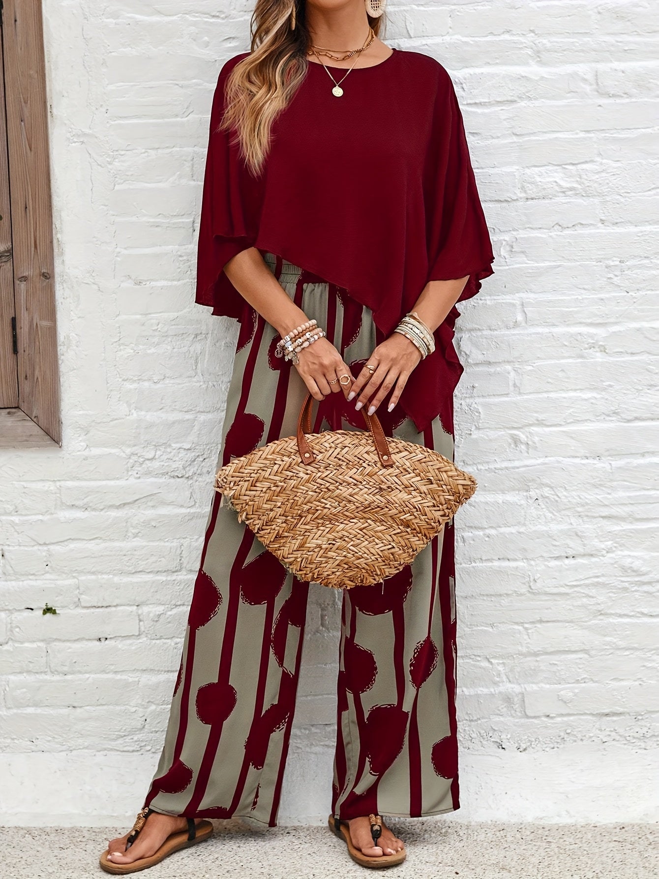Women's Elegant Casual Asymmetric Hem Top and Printed Pants Set,