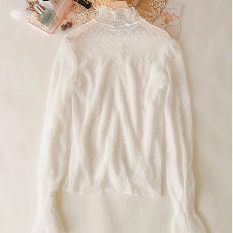 Blouse Summer Thin See Through Slim Bottoming Lace Long Flare Sleeved Tops