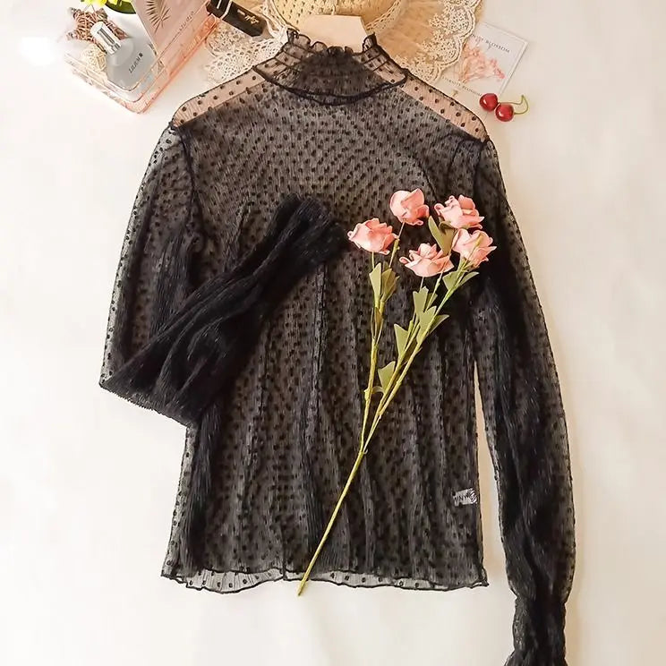 Blouse Summer Thin See Through Slim Bottoming Lace Long Flare Sleeved Tops