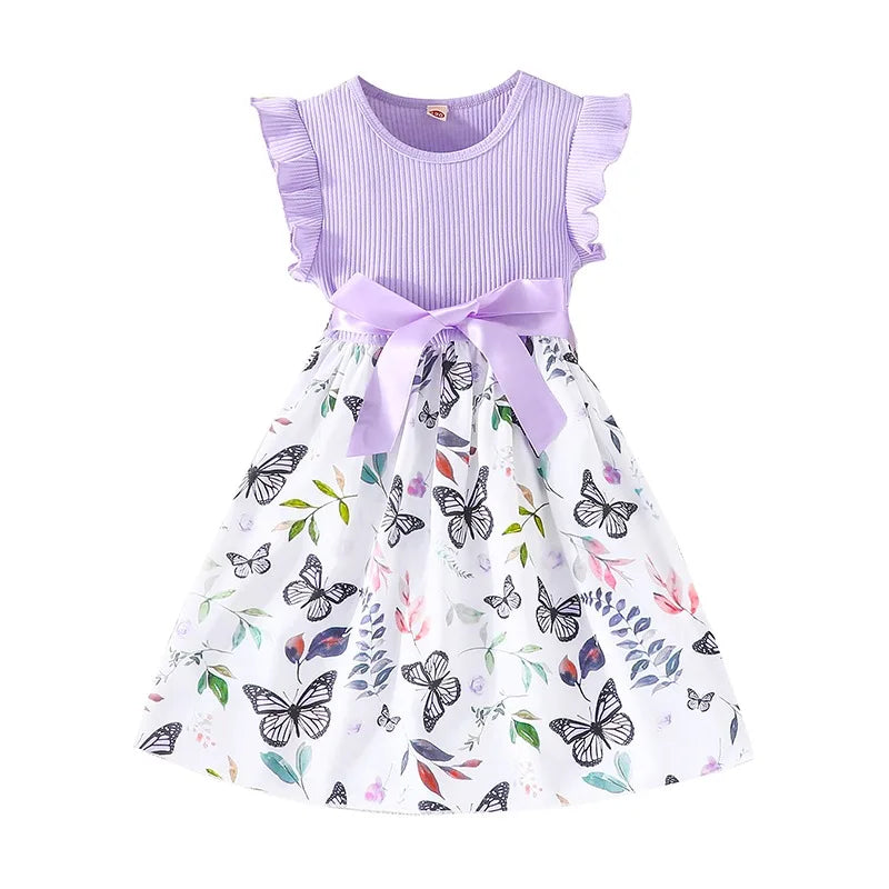 Set For Kids  Girl 3-7 Years old Ruffled Sleeve Butterfly Floral Tulle Cute Princess Formal Dresses with Belt Ootd For Baby Girl