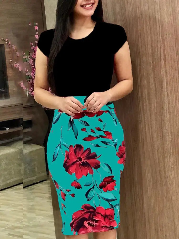 New Colored Flower Wrapped Hip Short sleeved Dress for Women