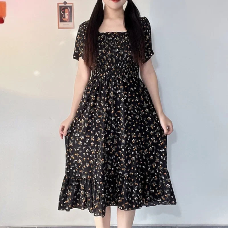 Spring Summer Elastic Waist Short Sleeve Chiffon Dress Women Casual Dresses