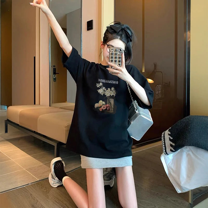 100% COTTON Romantic Rose Print T-Shirt Women's Summer