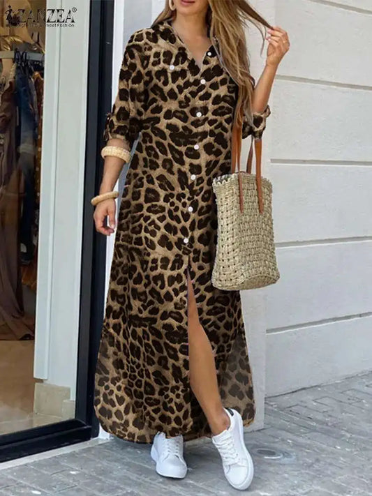 Irsha  Party Vintage Leopard Robe Autumn Casual Long Sleeve