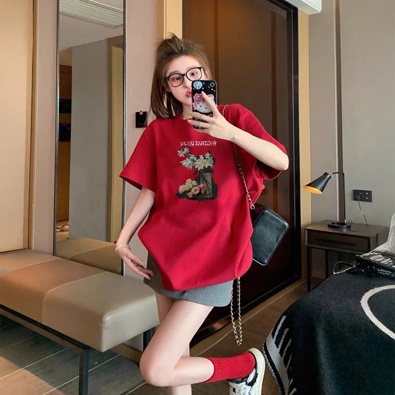 100% COTTON Romantic Rose Print T-Shirt Women's Summer