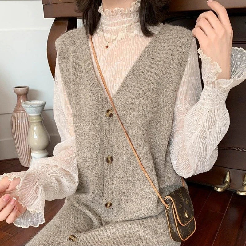 Blouse Summer Thin See Through Slim Bottoming Lace Long Flare Sleeved Tops
