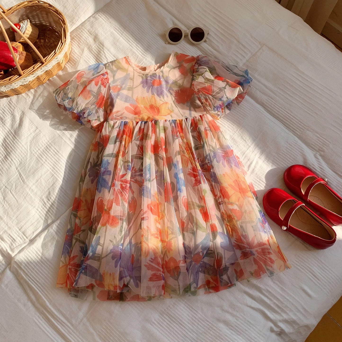 2025 Summer Kids Clothes Puff Sleeve Flower Print Dress For Girls Mesh Kids Dress for Girl