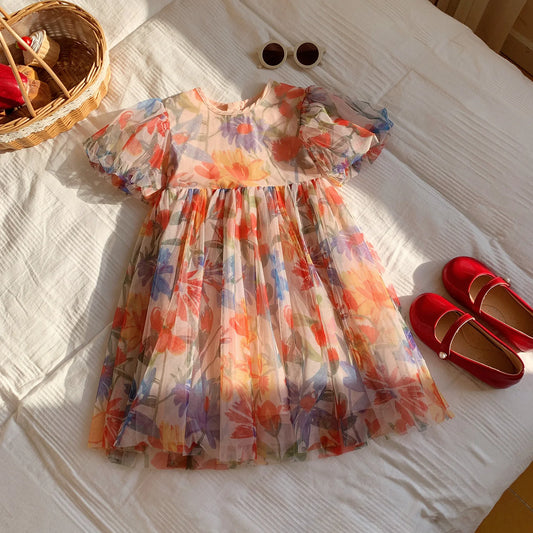 2025 Summer Kids Clothes Puff Sleeve Flower Print Dress For Girls Mesh Kids Dress for Girl