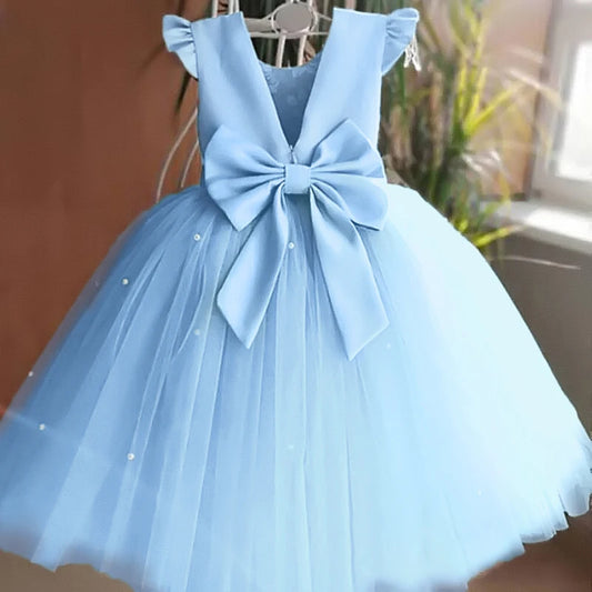 Toddler Girl Flower Birthday Tulle Dress Backless Bow Wedding Gown Kids Party Wear