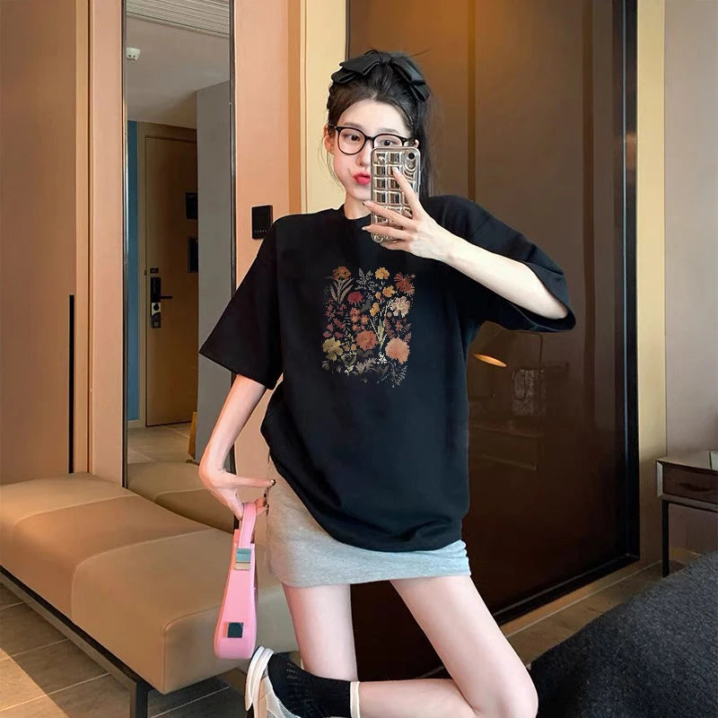 100% COTTON Romantic Rose Print T-Shirt Women's Summer