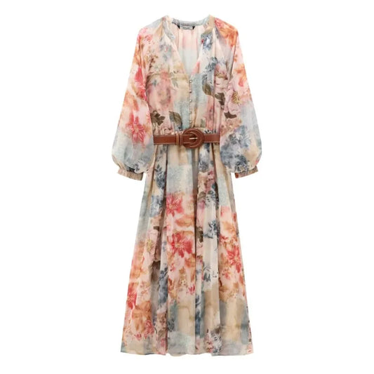 Print Long Dress With Belt For Women Autumn Fashionable Long Sleeved Loose Casual Elasticated Waist Female