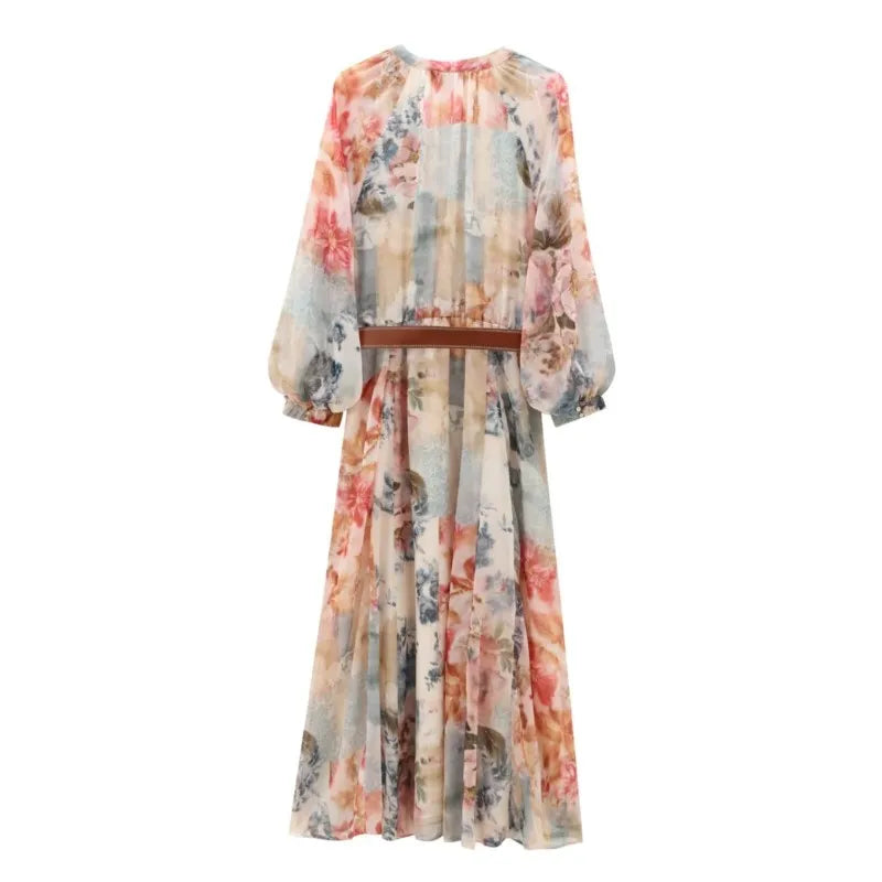 Print Long Dress With Belt For Women Autumn Fashionable Long Sleeved Loose Casual Elasticated Waist Female