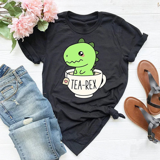 Cute Tea-Rex T-Shirt Women Funny Cartoon Dinosaur