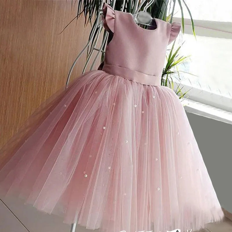 Toddler Girl Flower Birthday Tulle Dress Backless Bow Wedding Gown Kids Party Wear