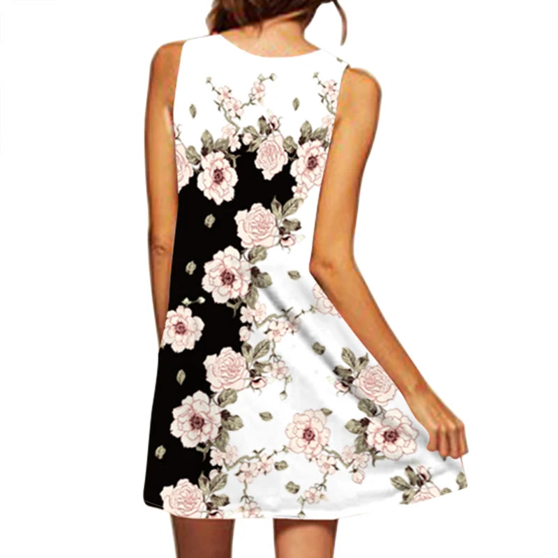 Women's New Dress V-neck Sleeveless Sexy Printed Large Hem Foreign Trade Dress