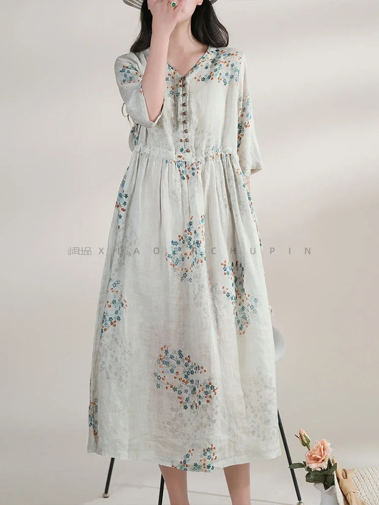 Summer Dress Women 2025 Long Print Elegant Clothing Vintage Elastic Waist Korean