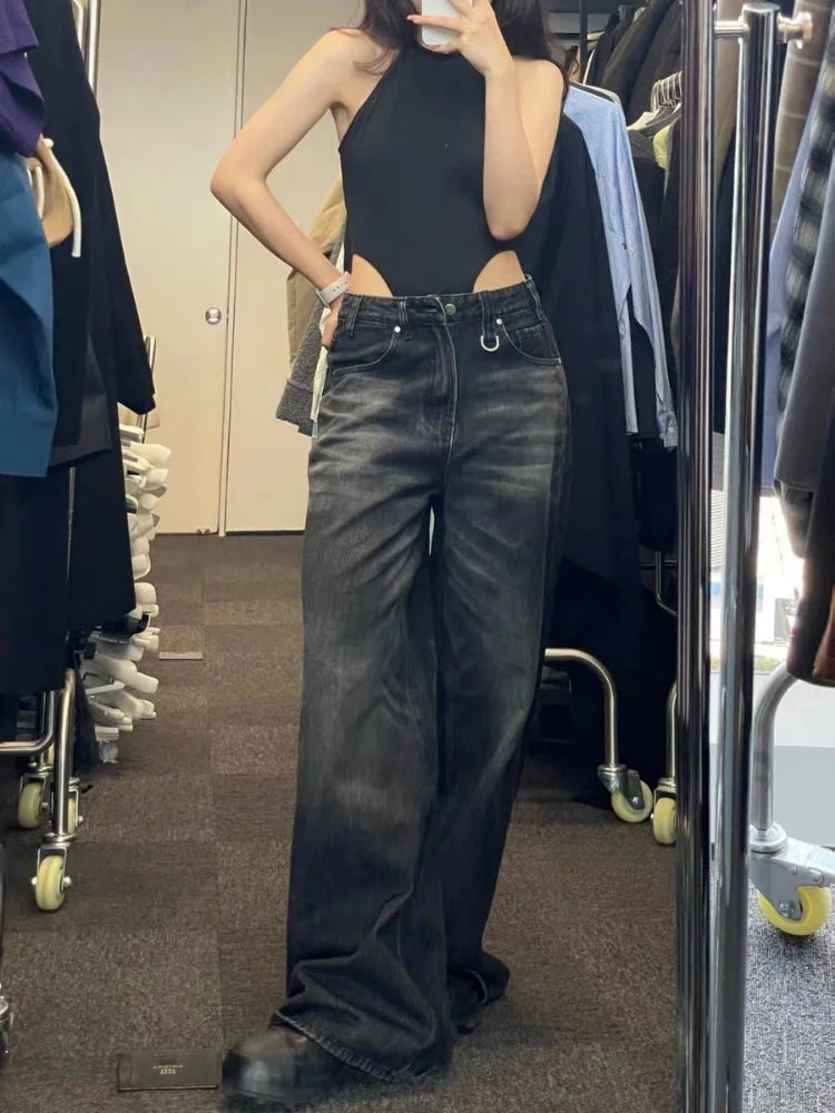 Vintage Black Wide Leg Jeans Women