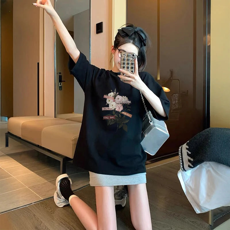 100% COTTON Romantic Rose Print T-Shirt Women's Summer