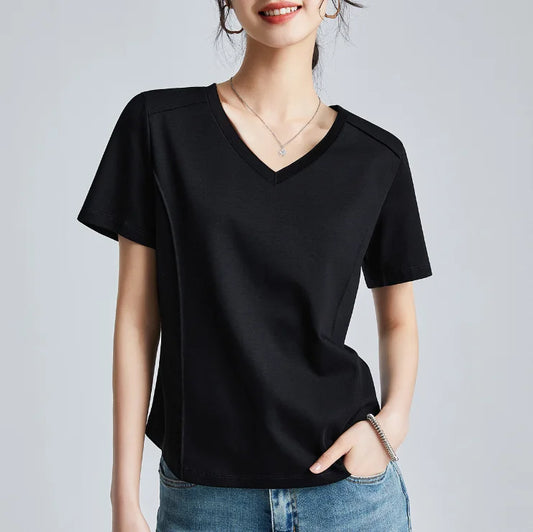 Summer cotton V-neck short-sleeved square shoulder T-shirt women's design models bottoming shirt tight sweet spicy wind models s