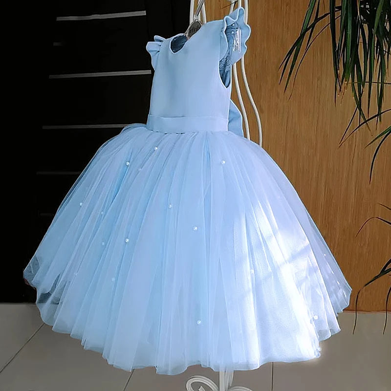 Toddler Girl Flower Birthday Tulle Dress Backless Bow Wedding Gown Kids Party Wear