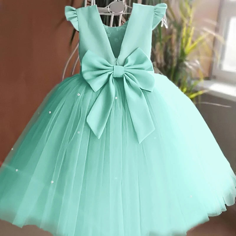 Toddler Girl Flower Birthday Tulle Dress Backless Bow Wedding Gown Kids Party Wear