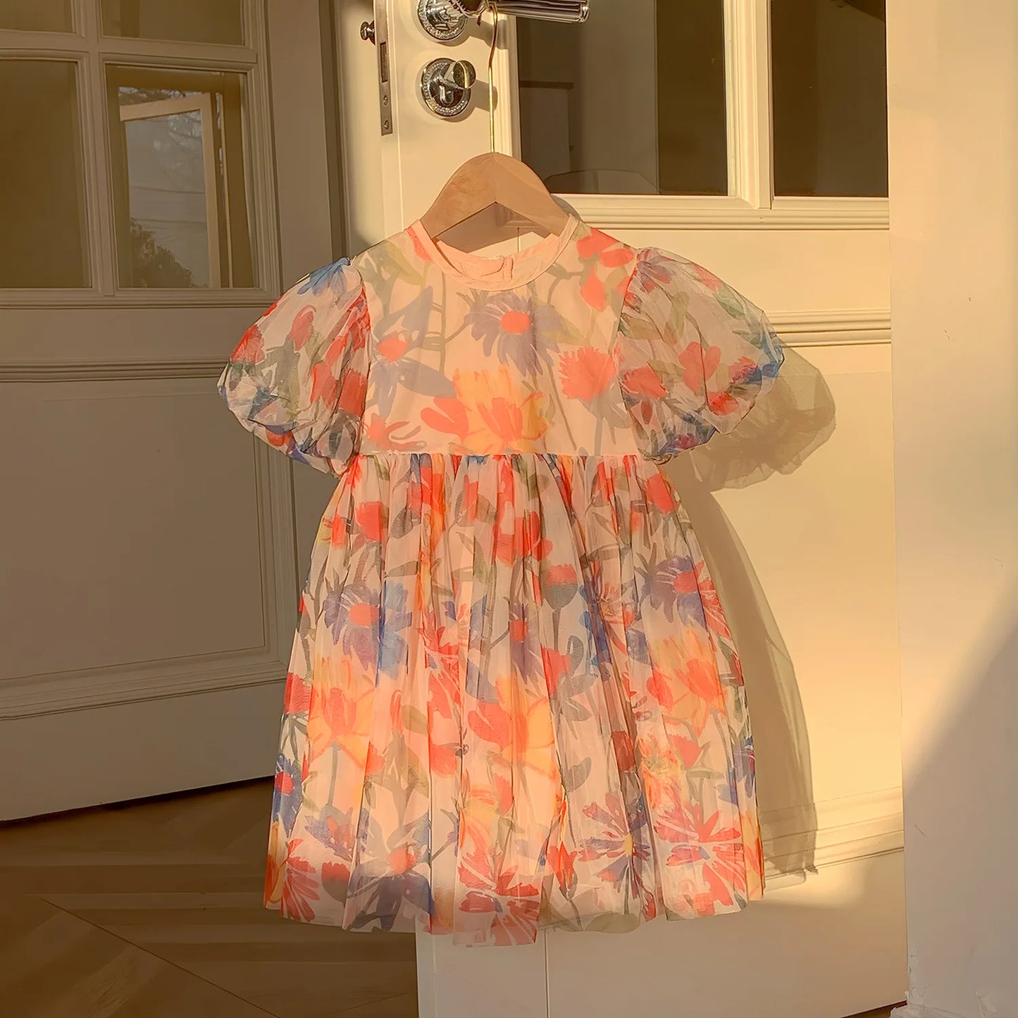 2025 Summer Kids Clothes Puff Sleeve Flower Print Dress For Girls Mesh Kids Dress for Girl