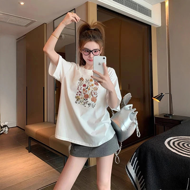 100% COTTON Romantic Rose Print T-Shirt Women's Summer