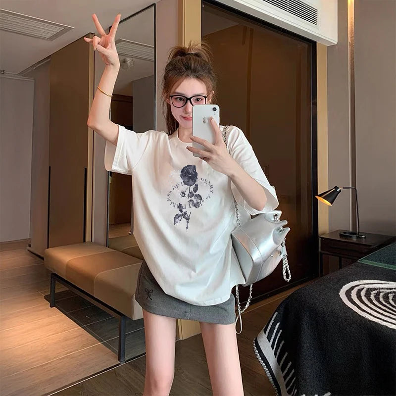 100% COTTON Romantic Rose Print T-Shirt Women's Summer