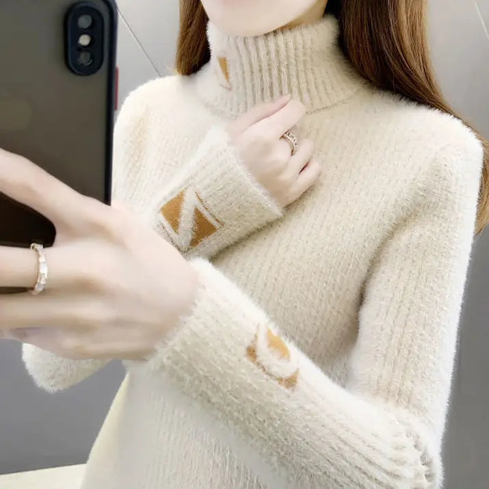 High Collar Pullover Sweater Women Mink Letter Jacquard