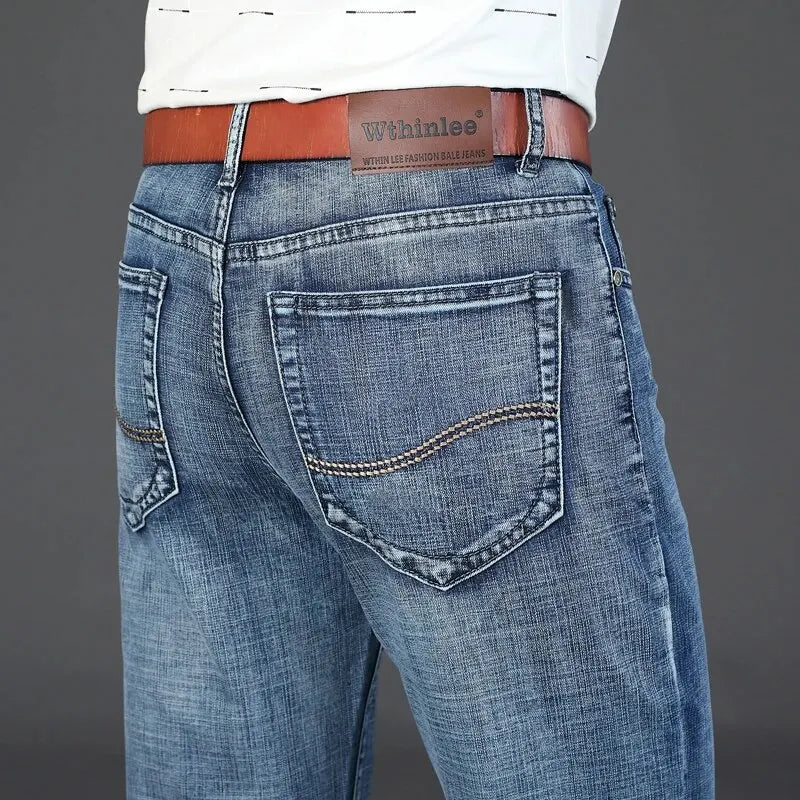 New Business Men's Jeans Casual Straight Stretch Fashion Classic Blue Black Work Denim Trousers Male Brand Clothing