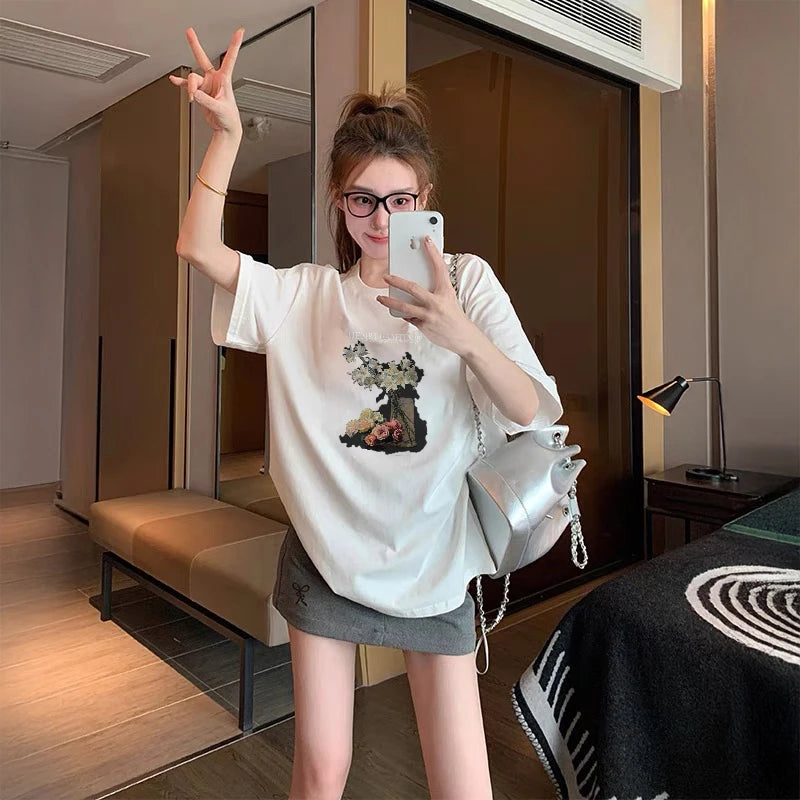 100% COTTON Romantic Rose Print T-Shirt Women's Summer